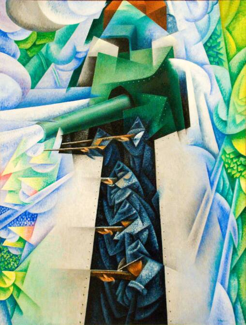 Gino Severini's Futurist painting Armored Train in Action, soldiers firing rifles from a green armoured railway car amid fragmented planes of colour