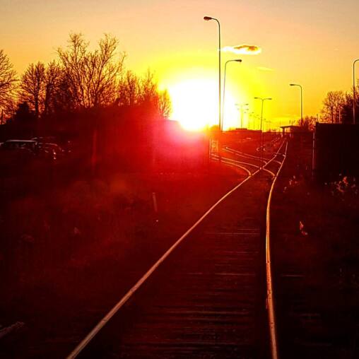 Low sun burning orange at the end of a curving railway track, streetlamps and bare trees silhouetted along it