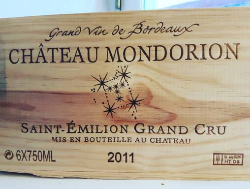 Branded pine wine case lid reading Grand Vin de Bordeaux, Château Mondorion, Saint-Émilion Grand Cru, 6x750ml, 2011