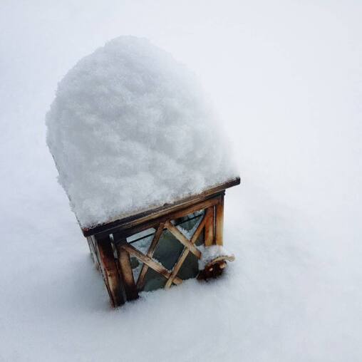Deep cap of fresh snow piled on a small wooden and glass garden lantern standing in an unbroken white field